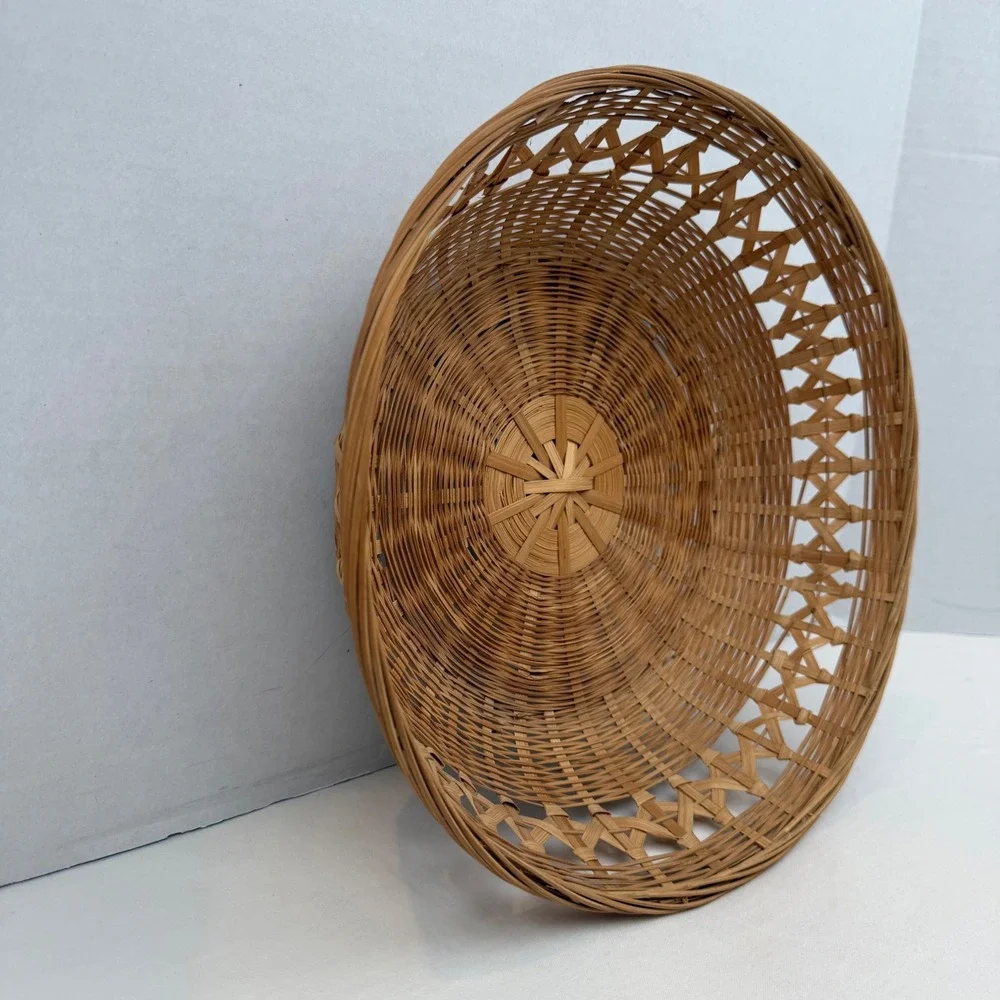 Vintage Woven Bamboo Round Basket Boho Lattice Fruit Bread Bowl 11.5 Inch